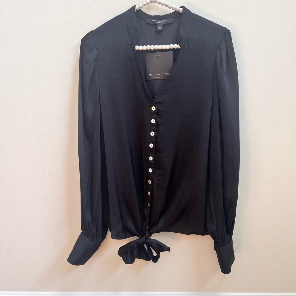 Marc New York Black Long Sleeve Tie Front Button Up Blouse NWT